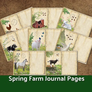 Printable Spring Pages Lined Journal Junk Farm Animals Nature Cow Horse Piglet Botanical Kit Vintage Ephemera Paper Digital Download