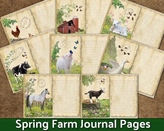 Printable Spring Pages Lined Journal Junk Farm Animals Nature Cow Horse Piglet Botanical Kit Vintage Ephemera Paper Digital Download