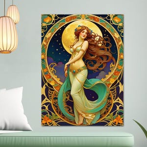 Art Nouveau Poster Print Boho Lady Moon Goddess Mucha Inspired Wall Art New Art Nouveau Bohemion Home Decor