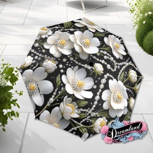 Black White Umbrella Art Nouveau Printed Pearls Sakura Flowers Parasol Semi-Automatic Waterproof Foldable Umbrella
