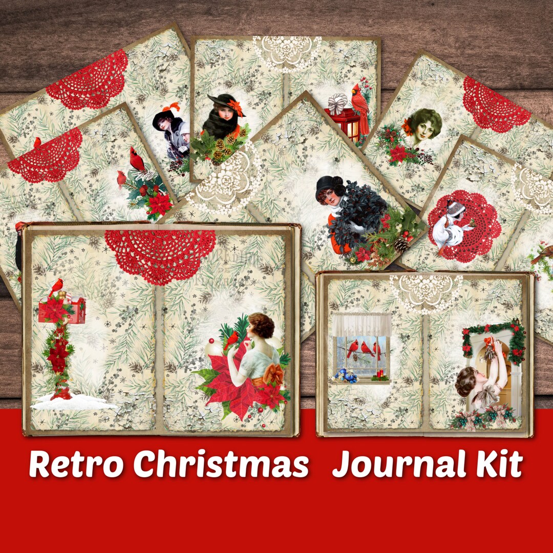 Retro Christmas Junk Journal Kit Shabby Lace Pages Vintage Printable ...