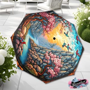 Sakura Umbrella Pink Stained Glass Japanese Inspired Art Nouveau Flower Birds Parasol Semi-Automatic Waterproof Foldable Umbrella
