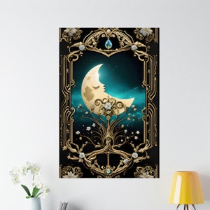 Crescent Moon Art Print Art Nouveau Art Deco Decor Wall Art Poster Magical Face In Moon Night Sky Celestial Stars