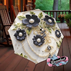 Black Gold Umbrella Art Nouveau Printed Pearls Parasol Semi-Automatic Waterproof Foldable Umbrella