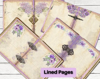 Printable Journal Pages Blank Lined Vintage Collage Junk Journal Shabby Flower Paper Supply Purple Lilac Digital Download Images Ephemera