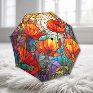 Umbrella Stained Glass Art Nouveau Poppies Red Parasol Semi-Automatic Waterproof Foldable Umbrella
