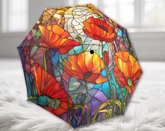 Umbrella Stained Glass Art Nouveau Poppies Red Parasol Semi-Automatic Waterproof Foldable Umbrella