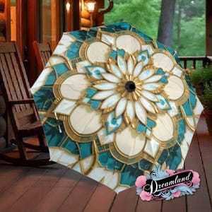 Boho Teal Gold Umbrella Art Nouveau Printed Mandella Parasol Semi-Automatic Waterproof Foldable Umbrella