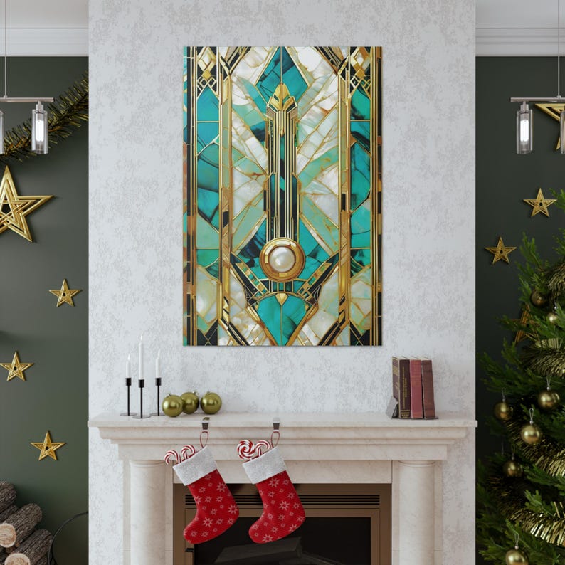Teal Gold Art Deco Geometric Wall Art Canvas Poster Print Living Room