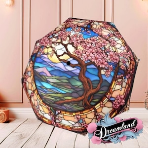 Sakura  Romantic Umbrella  Cherry Tree Blossoms Faux Stained Glass Flower Parasol Semi-Automatic Waterproof Foldable Umbrella