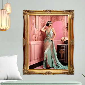 Impresión de arte de pared de chica Gatsby, póster Art Deco de chica Zeigfeld, póster rosa estilo Flapper, retrato de mujer estilo años 20, arte de pared, decoración del hogar