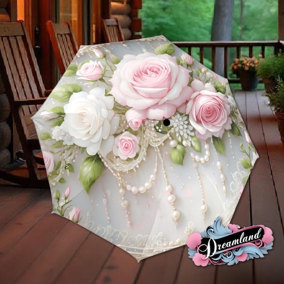 Pink Rose Umbrella Flower Floral Victorian Style Printed
