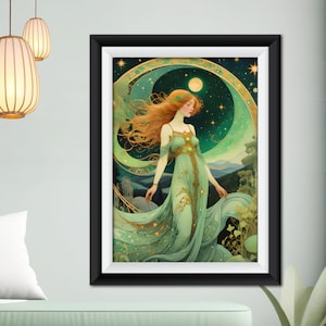 Art Nouveau Print Poster Moon Goddess VIntage Style Portrait Woman Retro Wall Art Home Decor
