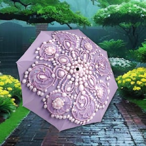 Lavender Purple Umbrella Victorian Inspired Faux Beaded Parasol Semi-Automatic Waterproof Foldable Umbrella