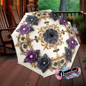 Gothic Black Purple Flower Umbrella Romantic Floral Art Nouveau Victorian Parasol Semi-Automatic Waterproof Foldable Umbrella