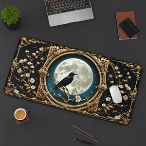 Gothic Raven Desk Mat Mousepad Office Decor Large Gaming Mat Dark Fantasy Edgar Allan Poe Design Aesthetic  Floral