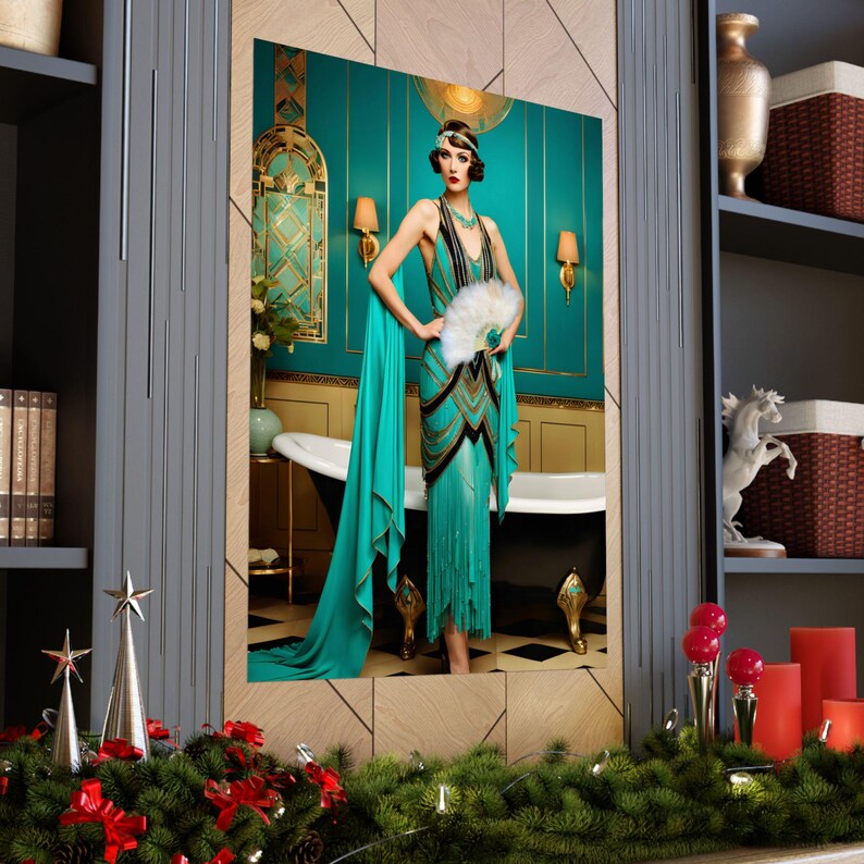Art Deco Teal Bathroom Print Gatsby Girl Poster Retro Powder Room Wall