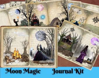 Journal Pages Kit Moon Magic Printable Pages Witch Blank Wizard Gothic Collage Junk Journal Lined Paper Supply Digital Download Ephemera