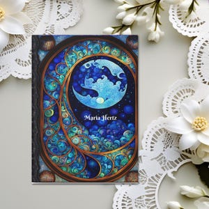 Custom Journal Witchy Crescent Moon Journal Art Nouveau Blue Journal Hardcover Personalized Notebook Dream Journal Manifestation BooK