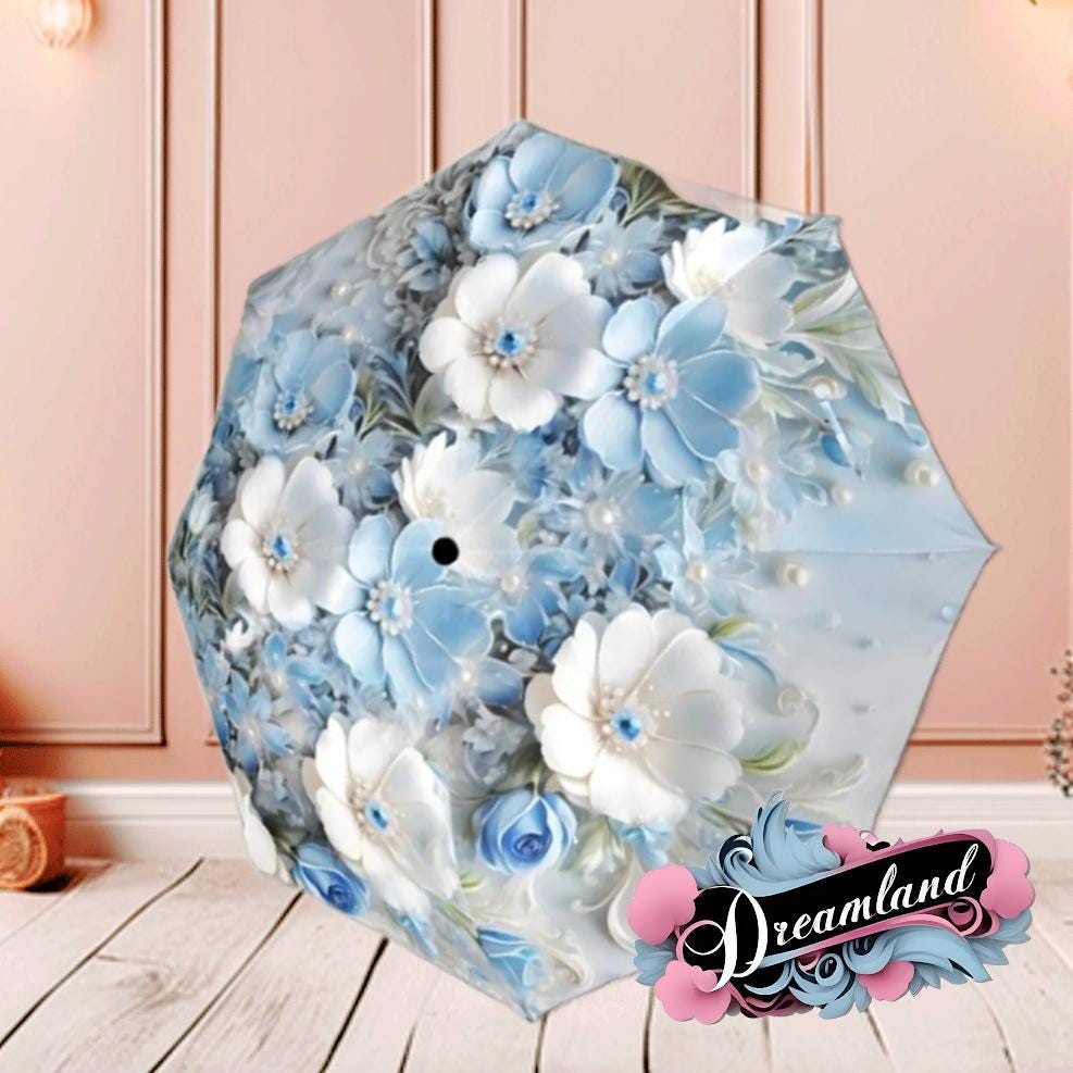 Blue Romantic Umbrella Sakura Japanese Inspired Flowers Parasol Semi-Automatic Waterproof Foldable Umbrella