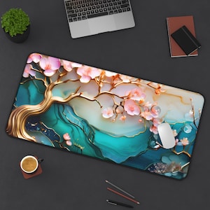 Cherry  Blossom Desk Mat Mousepad Cute Aesthetic Sakura Asian Japanese Inspired Gold Pink Floral Office Decor Large Gaming Mat Pad
