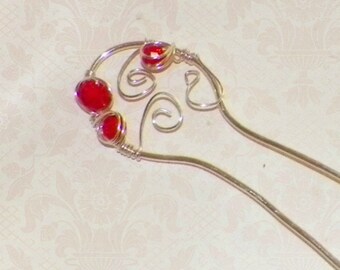 SIlver Hair Fork  Stick Victorian Vintage Style Red Minimalist Bridal Pin Pick Comb Hair Barrette Stick Pin