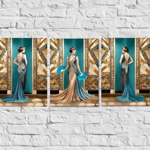 Gatsby Girls Print Set Of 3 Art Deco Print Wall Art Poster Living Room Gatsby Inspired Painting Mid Century Lady Gold Black Unframed
