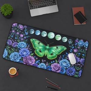 Luna Moth Moon Phase Desk Mat Office Decor Large Gaming Celestial Mouse Pad Dark Cottagecore Witchy Moon Over Garden