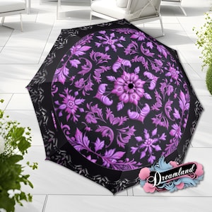Purple Gothic Black Umbrella Flower Romantic Art Nouveau Floral Faux Printed Lace Parasol Semi-Automatic Waterproof Foldable Umbrella