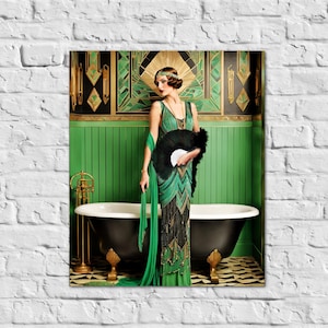 Green Art Deco Wall Art Print Bathroom Print Gatsby Girl Poster Retro Powder Room 1920s Style Home Decor
