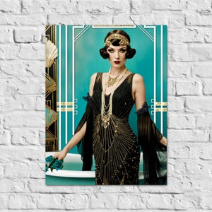 Flapper Art Deco Teal Bathroom Print Gatsby Girl Poster Retro Powder Room Wall Art 1920s Style Home Decor