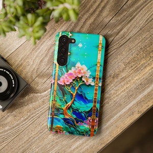 Gold  Asian Carving Phone Case Jade Pink Cherry Blossoms Landscape Retro Aesthetic Design iPhone 12 13 15 Galaxy S21 S22 S23 And More