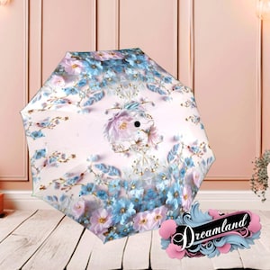 Pink Blue Romantic Umbrella Sakura Japanese Inspired Flowers And Pearls Parasol Semi-Automatic Waterproof Foldable Umbrella