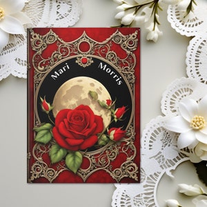 Red Faux Velvet Moon Hardcover Personalized Journal Witchy Notebook Gothic Roses Dream Book Custom Dark Academia