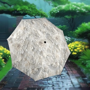 Romantic White Umbrella Victorian Inspired Flowers And Pearls Parasol Semi-Automatic Waterproof Foldable Umbrella