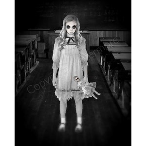 Doll Creepy School Girl Ghost Victorian Printable Photo Horror Forest Art Photo Halloween Weird Scary Child Instant Download Ephemera