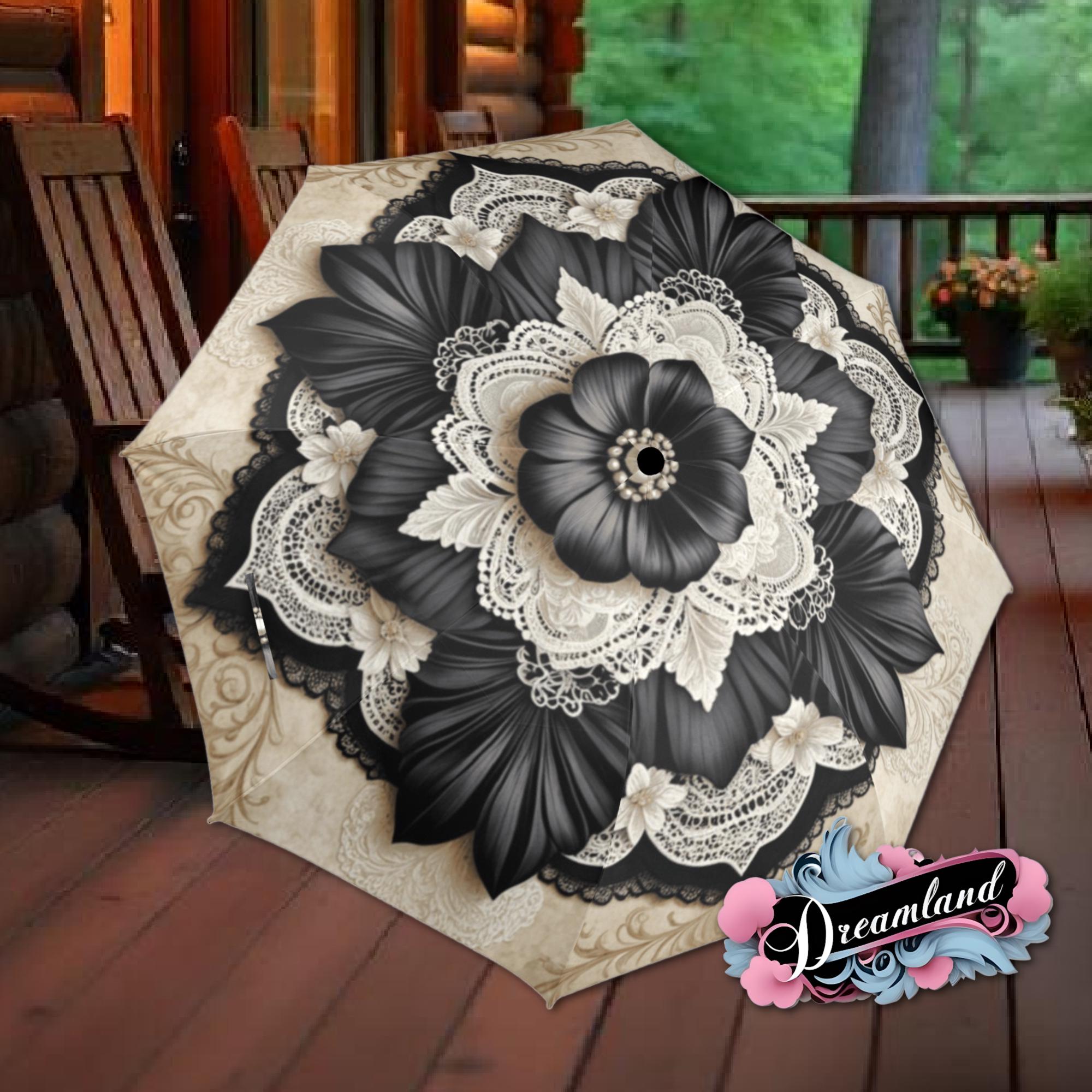 Boho Black Cream Umbrella Art Nouveau Printed Pearls Parasol Semi-Automatic Waterproof Foldable Umbrella