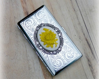 Cigarette Case Yellow Rose Silver Business Card Holder Victorian  Style Pastel Goth Ladies 100s Cigarette Card Money Holder Gothic