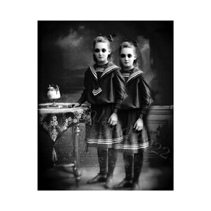 Vintage Girls Children Sisters Ghost Printable Black Eyed Edwardian Children Girl Art Halloween Print Creepy Download Wall Art Scrapbook