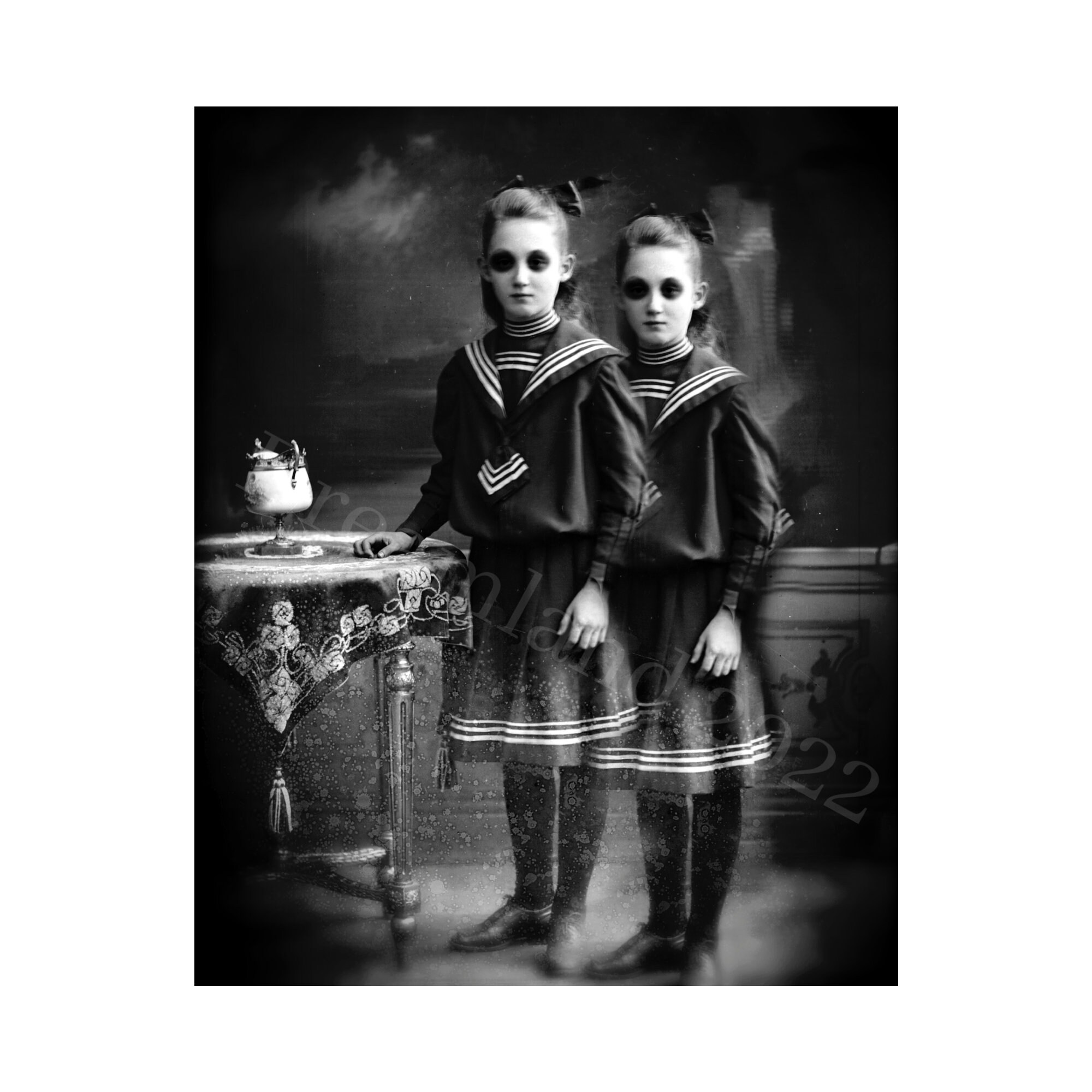 Vintage Girls Children Sisters Ghost Printable Black Eyed Edwardian Children Girl Art Halloween Print Creepy Download Wall Art Scrapbook