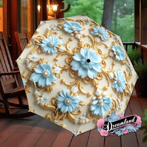 Cream Blue Gold Umbrella Art Nouveau Printed Mandella Parasol Semi-Automatic Waterproof Foldable Umbrella