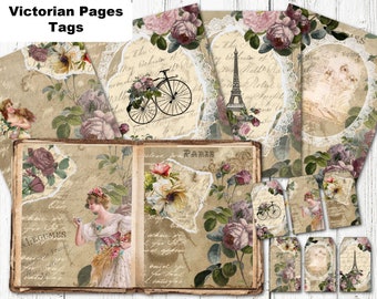 Printable Junk Journal Pages Papers Tags Kit Vintage Roses Lace Collage Shabby Paper Supply Purple Roses Digital Dpwnload Images Ephemera