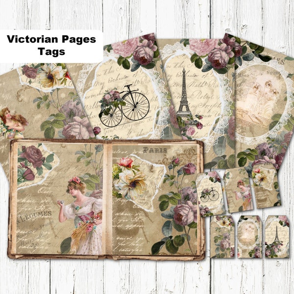 Printable Junk Journal Pages Papers Tags Kit Vintage Roses Lace Collage Shabby Paper Supply Purple Roses Digital Dpwnload Images Ephemera