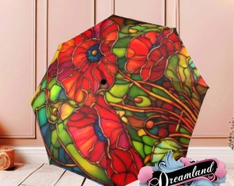 Red Poppy Romantic Umbrella Victorian Inspired Faux Stained Glass Flower Parasol Semi-Automatic Waterproof Foldable Umbrella