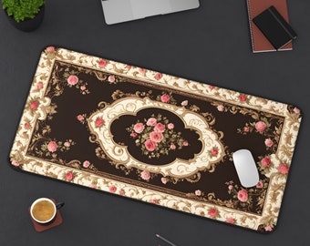 Cottagecore Rug Desk Mat Mousepad Office Decor Large Gaming Mat Pad Persian Rug Design Rose Beige Brown Aesthetic Victorian Floral