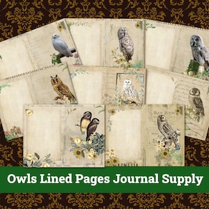 Printable Lined Pages Owl Journal Junk Nature Wildlife Botanical Kit Vintage Owls Ephemera Collage Paper Supply Digital Download