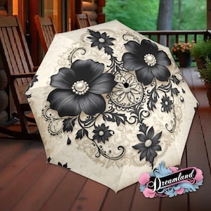 Black Cream Umbrella Art Nouveau Printed Pearls Parasol Semi-Automatic Waterproof Foldable Umbrella