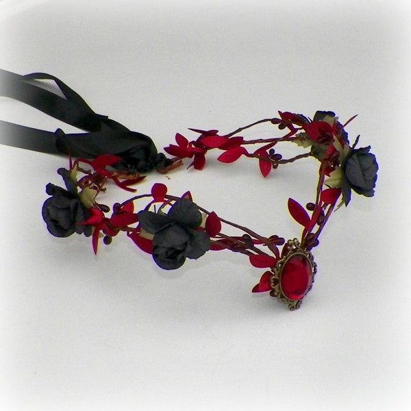 Circlet Dark Fairy Gothic Red Black Woodland Flower Headband Elven Medieval Tiara Renaissance Costume Crown  Head Piece