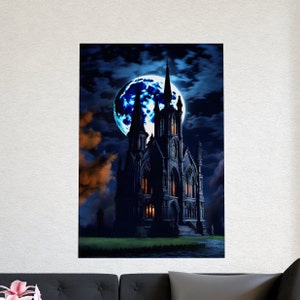 Gothic Enchanted Moon Celestial Print Church in Forest Poster Night Sky Dark Aesthetic Cottagecore Wall Art Home Decor