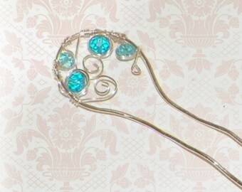 SIlver Hair Stick Fork Victorian Blue Minimalist Bridal Pin Pick Comb Hair Barrette Stick Pin